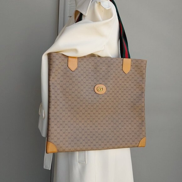Gucci Handbags - SOLD Gucci Web Tan Monogram Canvas Sherry Line GG Tote Bag